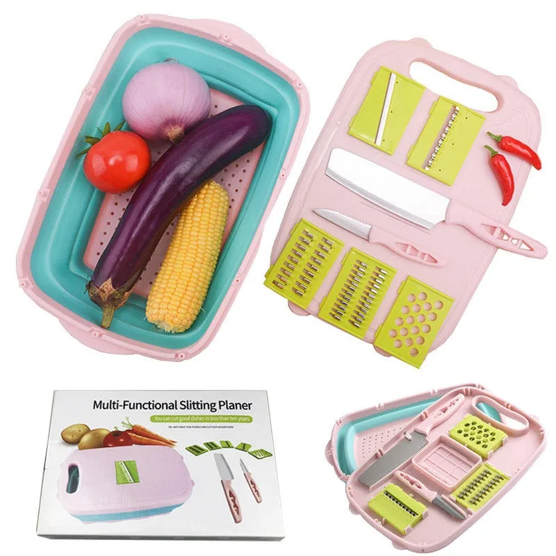 Cortador de verduras multifuncional 9 en 1, tabla de cortar, cuchillo de cocina, cesta de drenaje plegable de plástico portátil, kit de molinillo de patatas