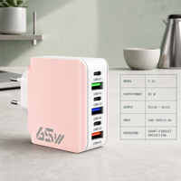 Charger Cepat 65W Grosir Logo Kustom 6 Port USB C Adaptor Dinding dengan Casing Tahan Api untuk Elektronik, Hadiah Promosi