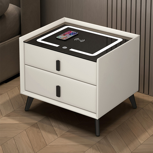 Modern Smart Luxury Wireless Charging Bedside Table with Light, Bedroom Storage, Rounded Corners