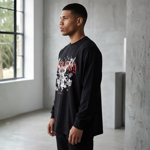 T-Shirt Nera a Maniche Lunghe da Uomo, Stile Streetwear Hip Hop, Vestibilità Ampia, con Stampa Grafica Artistica Gotica - Maglietta all'ingrosso - Product Image 2