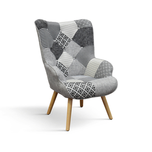 Fauteuil Ludovica gris, noir et blanc, tissu patchwork, pieds en bois, pour salon intérieur - Product Image 1