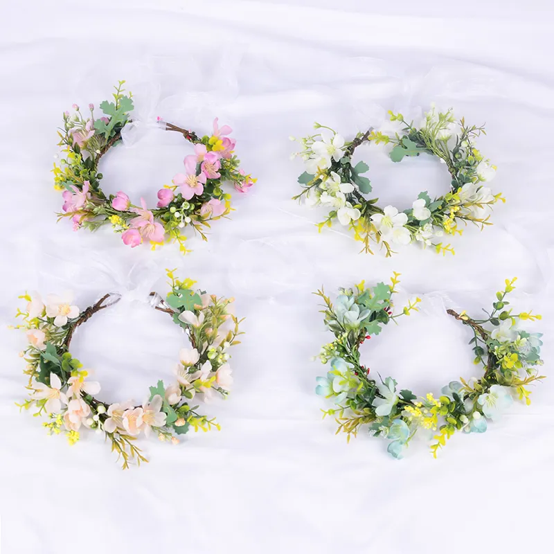 Spring Pink Elastic Ribbon Flower Crown peach blossom cherry blossom wreath spring travel shooting Fairy Princess headband