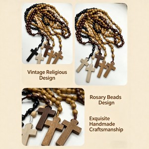 Colliers de prière en bois 8x10mm forme riz avec croix, bijoux religieux catholiques, cadeau unisexe pour les cérémonies - Product Image 4