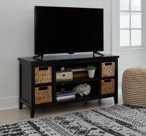 Simple Design European Style TV Stand Antique Wooden TV Cabinet With Rattan Storage Basket For Living Room