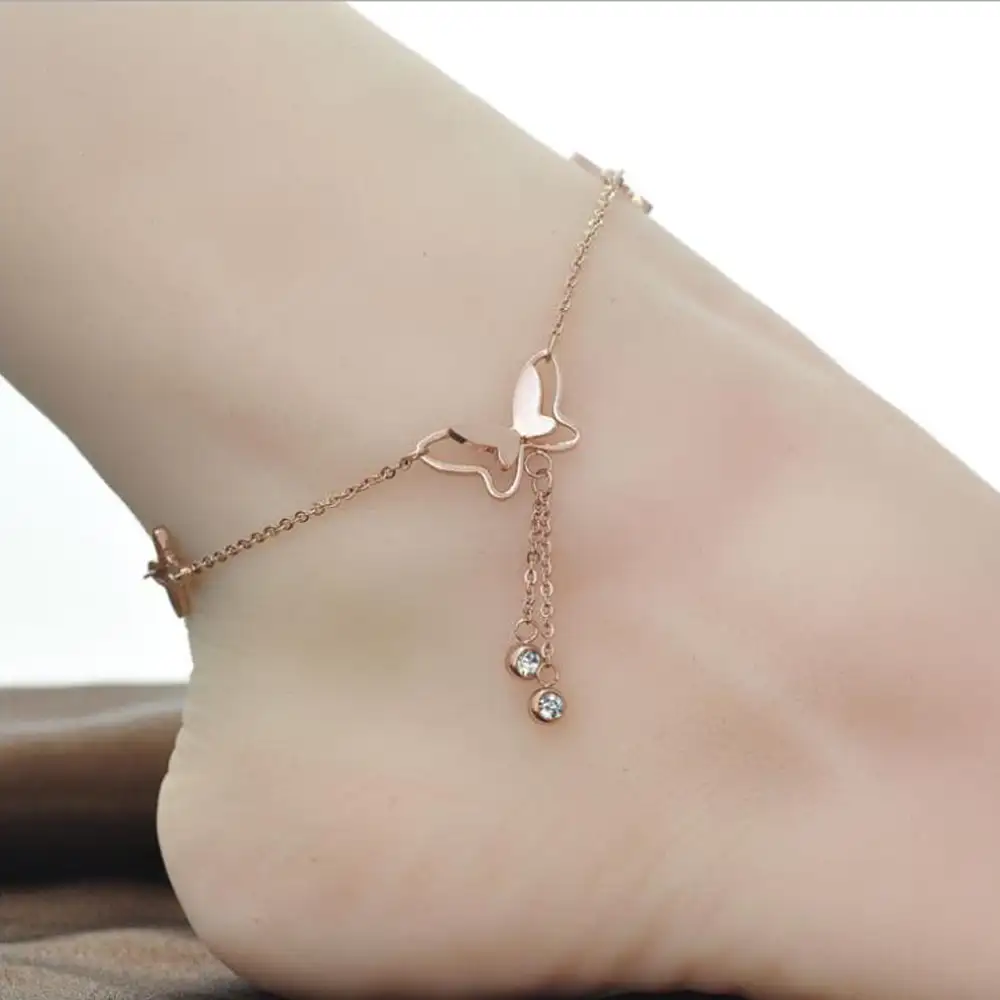 Tornozeleira hypoallergenic 316l stainless steel rose gold foot jewelry dainty adjustable charm cubic zirconia butterfly anklet