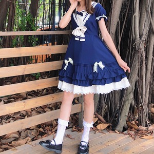 Falda Lolita Azul Marino, Corte en A, Cintura Imperio, Cuello con Lazo, Estilo Princesa, Atuendo de Verano, 60% Contenido - Product Image 3