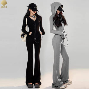 CNSHELL haute qualité sweat à capuche à fermeture éclair et tirage String Flare pantalon évasé survêtements évasés <span class=keywords><strong>2</strong></span> pièces <span class=keywords><strong>ensemble</strong></span> femmes - Product Image 1