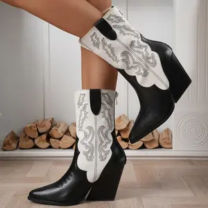 Vintage Embroidered Western Cowboy Boots PU Leather Pointed Mid Cap High Heel Boots For Women