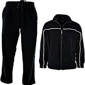 Ensemble de survêtement en velours noir pour hommes et femmes, veste à col montant avec fermeture éclair, pantalon à cordon de serrage avec passepoil blanc - Product Image 1