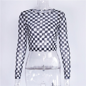 Camisa a cuadros en blanco y negro, cuello redondo, camiseta de malla de gasa a cuadros, camiseta Sexy ajustada de manga larga para mujer - Product Image 6