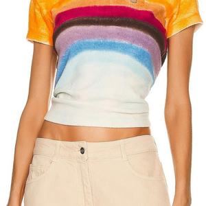 Avec arc-en-ciel imprimé décontracté lâche coton t-shirt goutte épaule évasée ourlet pull surdimensionné chemise pour les femmes - Product Image 5