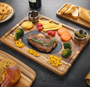 Offre spéciale Planche de service en <span class=keywords><strong>ardoise</strong></span> en bois d'acacia à usage familial Planches de charcuterie avec 2 bols pour cadeaux de douche nuptiale Cadeaux de mariage - Product Image 6