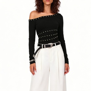 Haut asymétrique à une épaule clouté à manches longues pour <span class=keywords><strong>femme</strong></span> - <span class=keywords><strong>T</strong></span>-<span class=keywords><strong>shirt</strong></span> court ajusté Sehe Fashion - Product Image 2