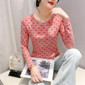 Primavera estate floccaggio a maniche lunghe Top a pois girocollo da donna Top traspirante tessuto di maglia snellente <span class=keywords><strong>vestiti</strong></span> per ragazze - Product Image 1