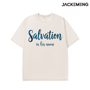 Gewaschenes Oversize-Baumwoll-T-Shirt mit Aufdruck „Salvation in His Name“ in blauem Aquarell-Schriftzug, Retro-Streetwear, Alltags-Casual-T-Shirt, USA - Product Image 3