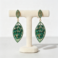 Boucles d'oreilles pendantes Feuille en strass pour femme, en alliage micro-pavé, style bohème, avec gemme verte, pour fête et mariage