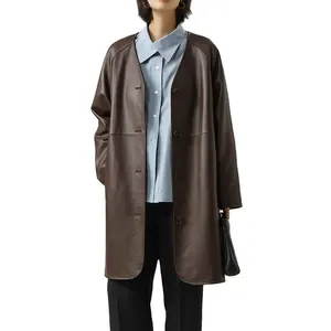 Jancoco High Quality Single Breasted V Neck Genuine Sheepskin Leather Trench Coat Women With Belt