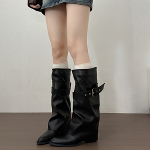 Sepatu Bot Wanita Ujung Runcing Setinggi Lutut dengan Wedge Tersembunyi, Gesper Ganda, Model Lipat, Bahan Kulit Suede, Gaya Western, 3 Warna. - Product Image 1