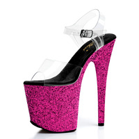 Nouvelles sandales pour femmes à plateforme brillante et strass, dessus transparent, talons hauts épais de 20 cm (8 pouces), chaussures de danse brillantes pour boîte de nuit
