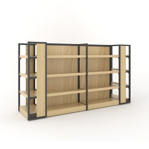 Customized Double-Sided Wood Display Racks Adjustable Height Freestanding Vertical Supermarket <b>Shelves</b> Lightweight Varnish - Product Image 1