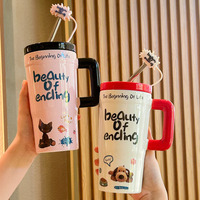 Mug de voyage en céramique à motif de dessin animé mignon pour femmes, grande capacité, avec couvercle et poignée, compatible micro-ondes, résistant aux hautes températures