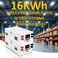 Baterai Lifepo4 Kelas A EU DDP 16kWh 51.2V MB31 314Ah Paket Baterai Lithium dengan JK V19 BMS untuk Sistem Tenaga Surya Rumah Tangga Off-grid