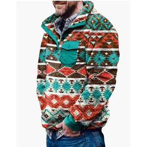 New Design Winter Western Aztec Print Men Jackets Zip Up Long Sleeve Fleece Sherpa Sweatshirts for Man