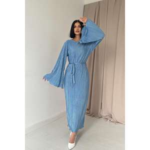 Abito Lungo Plissettato Blu con Maniche Spagnole, Collo a O, Vita Naturale, per Feste e Occasioni Casual, Tessuto Traspirante, <span class=keywords><strong>Vestito</strong></span> <span class=keywords><strong>da</strong></span> <span class=keywords><strong>Donna</strong></span> - Product Image 4