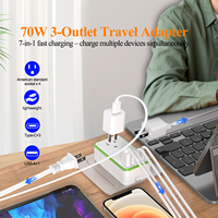 Adaptateur de voyage Foxcan 3 prises AC ultra-mince 70W PD à charge rapide avec 3 ports USB-C + 1 port USB-A pour ordinateur portable et appareil photo