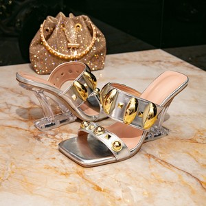 Sandalias de Tacón Alto Plateadas QLFashion para Mujer, Verano 2025, Nuevas con Decoración Metálica, Punta Abierta, Estilo Slip-On - Product Image 5