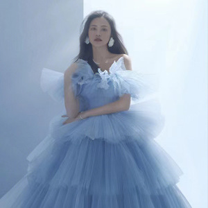 Strapless Light Wedding Dress Empire Waist Ball Gown Tulle Bright Steel Blue For Studio Photography Couple Portrait - Product Image 4