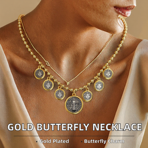 Religious Pearl Multi Pendant Necklace Gold Plated <b>Copper</b> Bead <b>Chain</b> Butterfly Charm Vintage Jewelry for Women Anniversary - Product Image 2