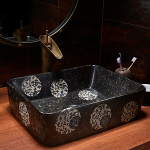Ahorro de espacio Rectángulo Flor Arte Negro Cerámica Baño Lavabo Pequeño Montaje en pared Fregadero colgante - Product Image 4
