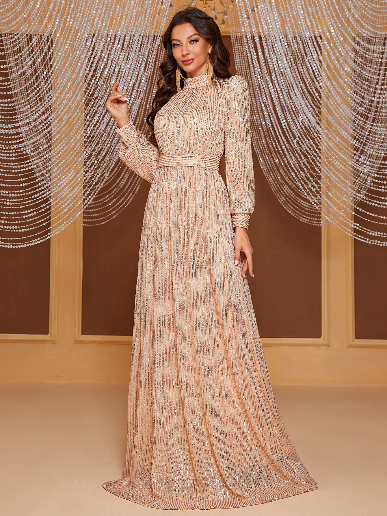 open lace back dress Noor Modest Long Drape Sleeves Beaded A-line Gown – B Chic Fashions main image 0