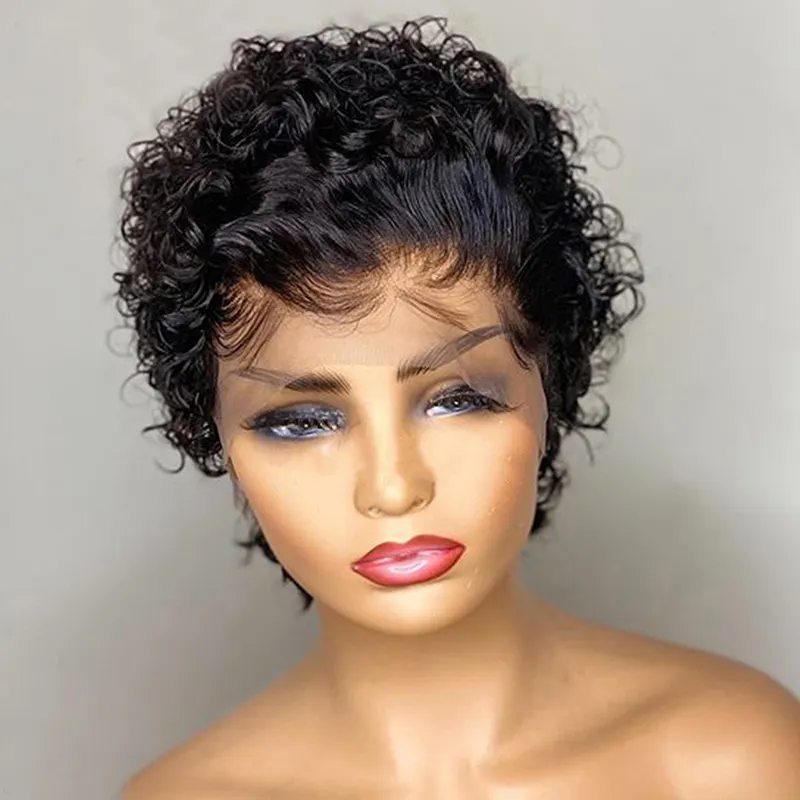 Pixie Cut Wig Rambut Manusia Keriting Pendek untuk Wanita Hitam Pra Pencabutan Rambut Virgin Brasil Lace Depan Wig dengan Rambut Bayi