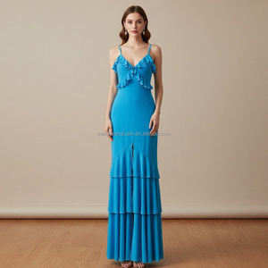 <span class=keywords><strong>Robe</strong></span> maxi à volants à plusieurs niveaux bleu clair personnalisée pour femmes Robes fendues Femmes - Product Image 3