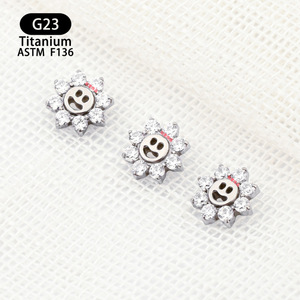 <b>Titanium</b> Smiley Face Sunflower Earrings With Zircon Inlays 6.6mm F136 Body Jewelry Lip <b>Studs</b> - Product Image 3