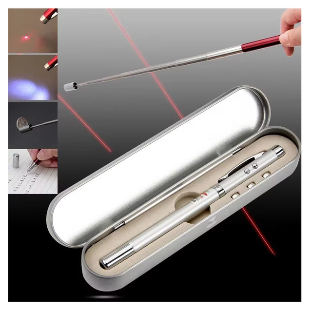 5 in 1 Red Laser Pointer Retractable Telescopic Antenna Teaching Pointer Magnet Pen LED Flashlight Ball Pen with Metal Case