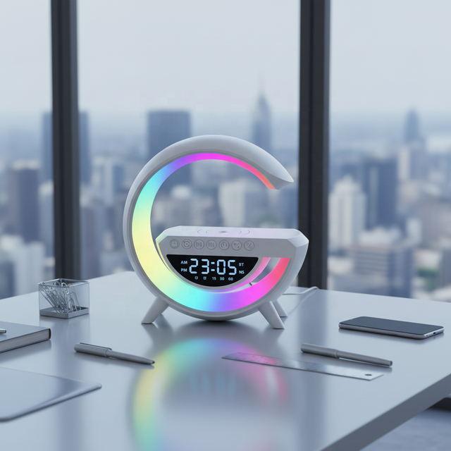 Creative Speaker & Night Light Colorful, Smart, Multifunctional Desktop Speaker with Alarm Clock and Wireless Charging