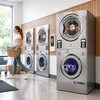 Laveuse-sécheuse empilée 12 kg en acier inoxydable avec écran tactile, Wi-Fi, télécommande et paiement par carte pour laverie libre-service