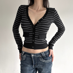 <b>Womens</b> Striped Color Block <b>V</b> <b>Neck</b> Button Front Cropped Long Sleeve Slim Fit Digital Printing <b>T</b> <b>Shirt</b> Streetwear Casual Top - Product Image 6