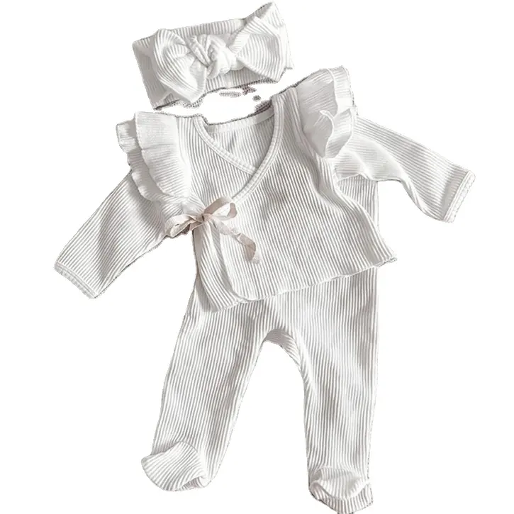 Pasgeboren Baby Kleding Sets Ruche Top Footed Broek Tweedelige Kleding Set Wit Baby Meisje Lange Mouw 100 Katoen Vol Oem Effen