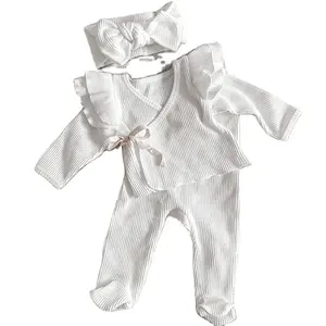 新生儿服装套装褶边顶脚裤两件套服装套装白色女婴长袖100棉全来样定做实心