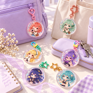Porte-clés en acrylique personnalisé avec paillettes et résine époxy, personnages Chibi originaux, porte-clés ronds transparents, OEM ODM - Product Image 2