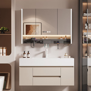 Modern Cream Style Bathroom Vanity Combo with MDF & Melamine Board <b>Wall</b>-Mounted LED <b>Mirror</b> Included Ceramic Basin Cabinet - Product Image 4