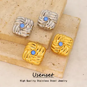 Usenset cổ điển kết cấu hình học thép không gỉ tai Stud cô gái Đồ trang sức vàng của phụ nữ vuông Knot Bông tai bán buôn