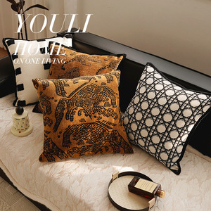 Fodera per cuscino quadrato antico retrò con motivo pied-de-poule in tela marrone per divano, camera da letto, schienale - Product Image 3