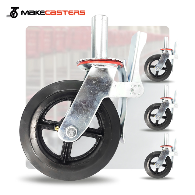 Jianli Scaffold Casters Wheels with Brake 360 Degree Top Plate Swivel Heavy Duty Iron Core Rubber Caster Black 6 Inch 8 Inch
