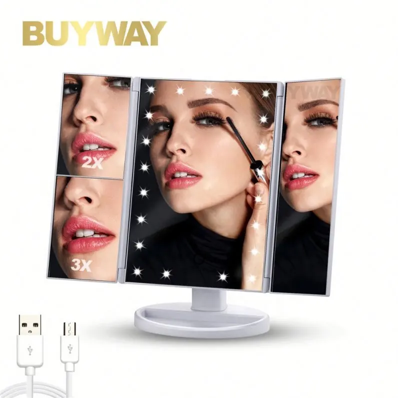 Table LED tri-fold mirror vanity folding lighted magnifying makeup mirror