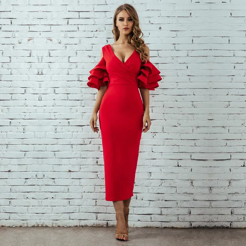 Placket Solid Color Small Fragrant Wind Red Dresses Wrap Sexy Long Pile Up Sleeves Elegant Evening Dress